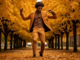 africain homme dans émotif dynamique pose sur l'automne Contexte ai génératif photo