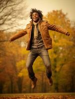 africain homme dans émotif dynamique pose sur l'automne Contexte ai génératif photo