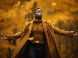 africain homme dans émotif dynamique pose sur l'automne Contexte ai génératif photo