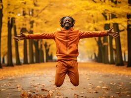 africain homme dans émotif dynamique pose sur l'automne Contexte ai génératif photo