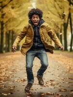 africain homme dans émotif dynamique pose sur l'automne Contexte ai génératif photo