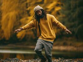 africain homme dans émotif dynamique pose sur l'automne Contexte ai génératif photo