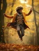 africain homme dans émotif dynamique pose sur l'automne Contexte ai génératif photo