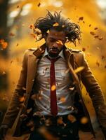 africain homme dans émotif dynamique pose sur l'automne Contexte ai génératif photo