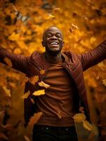 africain homme dans émotif dynamique pose sur l'automne Contexte ai génératif photo