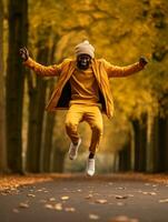 africain homme dans émotif dynamique pose sur l'automne Contexte ai génératif photo