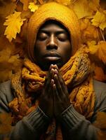 africain homme dans émotif dynamique pose sur l'automne Contexte ai génératif photo