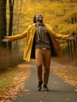 africain homme dans émotif dynamique pose sur l'automne Contexte ai génératif photo