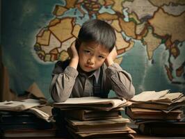 asiatique enfant dans émotif dynamique pose dans école ai génératif photo