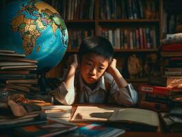 asiatique enfant dans émotif dynamique pose dans école ai génératif photo