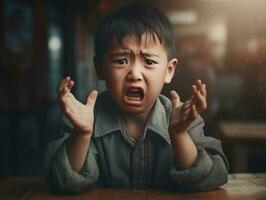 asiatique enfant dans émotif dynamique pose dans école ai génératif photo