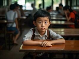 asiatique enfant dans émotif dynamique pose dans école ai génératif photo