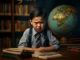 asiatique enfant dans émotif dynamique pose dans école ai génératif photo