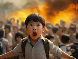 asiatique enfant dans émotif dynamique pose dans école ai génératif photo