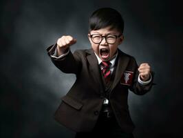 asiatique enfant dans émotif dynamique pose dans école ai génératif photo