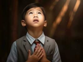 asiatique enfant dans émotif dynamique pose dans école ai génératif photo