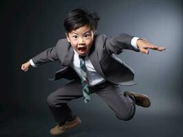 asiatique enfant dans émotif dynamique pose dans école ai génératif photo