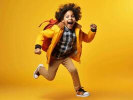 asiatique enfant dans émotif dynamique pose dans école ai génératif photo