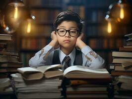 asiatique enfant dans émotif dynamique pose dans école ai génératif photo