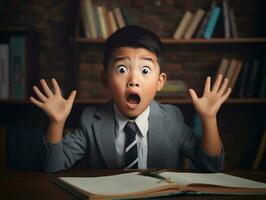 asiatique enfant dans émotif dynamique pose dans école ai génératif photo