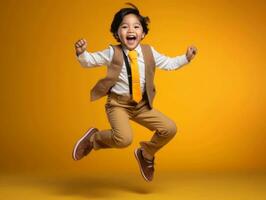 asiatique enfant dans émotif dynamique pose dans école ai génératif photo