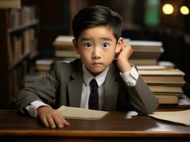 asiatique enfant dans émotif dynamique pose dans école ai génératif photo