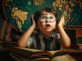 asiatique enfant dans émotif dynamique pose dans école ai génératif photo