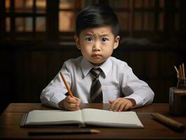 asiatique enfant dans émotif dynamique pose dans école ai génératif photo