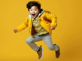 asiatique enfant dans émotif dynamique pose dans école ai génératif photo