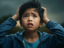 asiatique enfant dans émotif dynamique pose dans école ai génératif photo