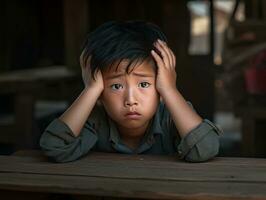 asiatique enfant dans émotif dynamique pose dans école ai génératif photo