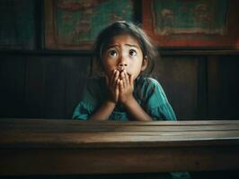 asiatique enfant dans émotif dynamique pose dans école ai génératif photo