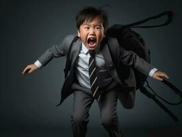 asiatique enfant dans émotif dynamique pose dans école ai génératif photo