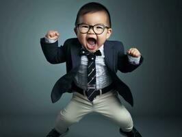 asiatique enfant dans émotif dynamique pose dans école ai génératif photo