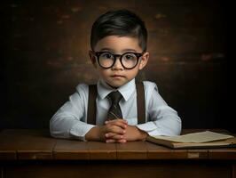 asiatique enfant dans émotif dynamique pose dans école ai génératif photo