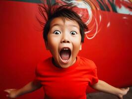 asiatique enfant dans émotif dynamique pose dans école ai génératif photo