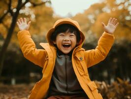 asiatique enfant dans émotif dynamique pose sur l'automne Contexte ai génératif photo