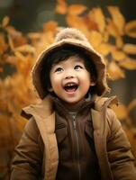 asiatique enfant dans émotif dynamique pose sur l'automne Contexte ai génératif photo