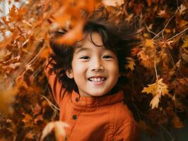 asiatique enfant dans émotif dynamique pose sur l'automne Contexte ai génératif photo