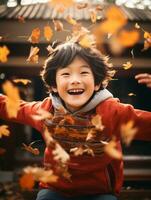 asiatique enfant dans émotif dynamique pose sur l'automne Contexte ai génératif photo