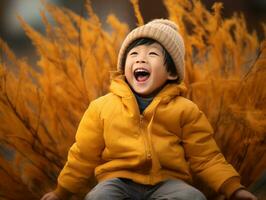 asiatique enfant dans émotif dynamique pose sur l'automne Contexte ai génératif photo