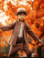 asiatique enfant dans émotif dynamique pose sur l'automne Contexte ai génératif photo