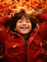 asiatique enfant dans émotif dynamique pose sur l'automne Contexte ai génératif photo