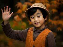 asiatique enfant dans émotif dynamique pose sur l'automne Contexte ai génératif photo