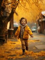 asiatique enfant dans émotif dynamique pose sur l'automne Contexte ai génératif photo