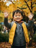 asiatique enfant dans émotif dynamique pose sur l'automne Contexte ai génératif photo