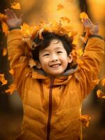 asiatique enfant dans émotif dynamique pose sur l'automne Contexte ai génératif photo