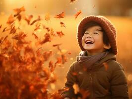 asiatique enfant dans émotif dynamique pose sur l'automne Contexte ai génératif photo