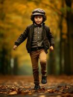 asiatique enfant dans émotif dynamique pose sur l'automne Contexte ai génératif photo