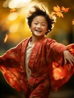 asiatique enfant dans émotif dynamique pose sur l'automne Contexte ai génératif photo